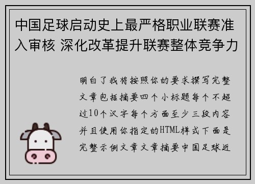 中国足球启动史上最严格职业联赛准入审核 深化改革提升联赛整体竞争力