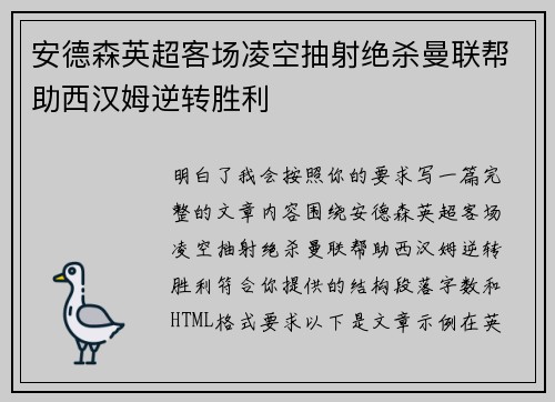 安德森英超客场凌空抽射绝杀曼联帮助西汉姆逆转胜利